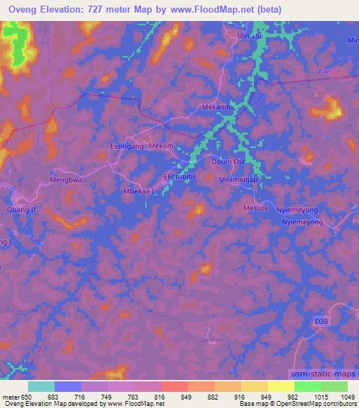 Oveng,Cameroon Elevation Map