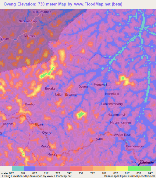 Oveng,Cameroon Elevation Map