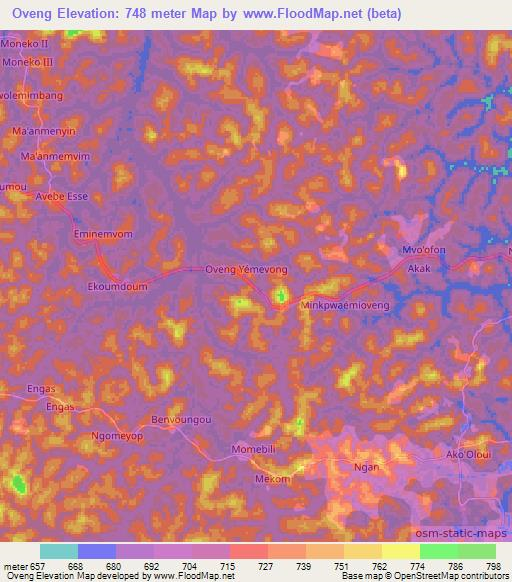 Oveng,Cameroon Elevation Map