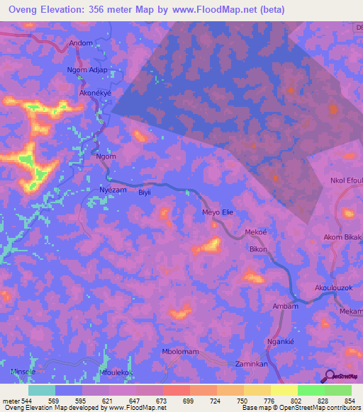 Oveng,Cameroon Elevation Map