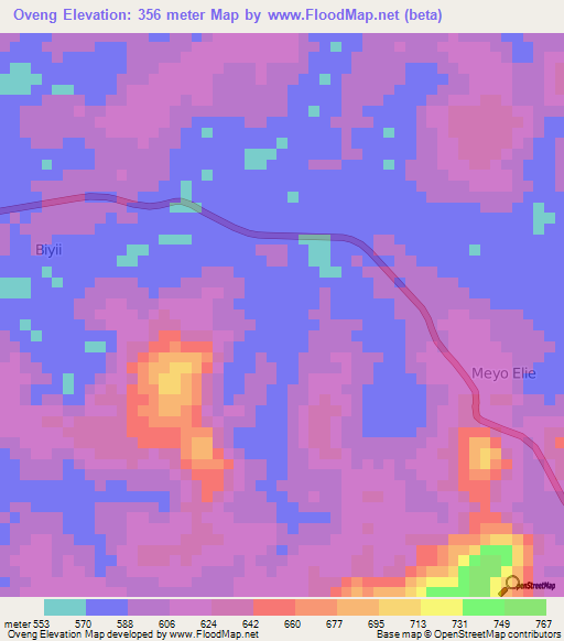 Oveng,Cameroon Elevation Map