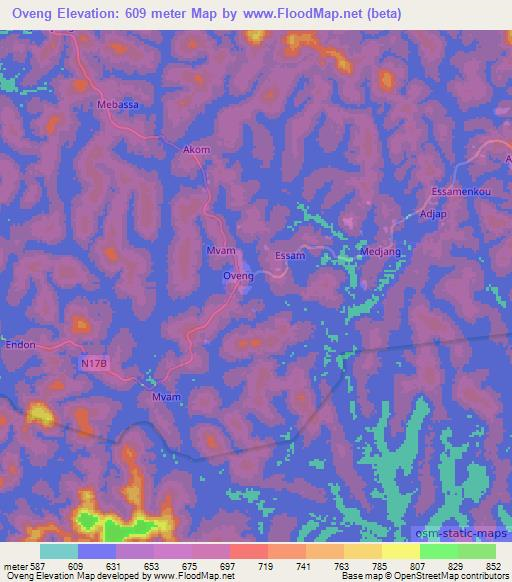 Oveng,Cameroon Elevation Map