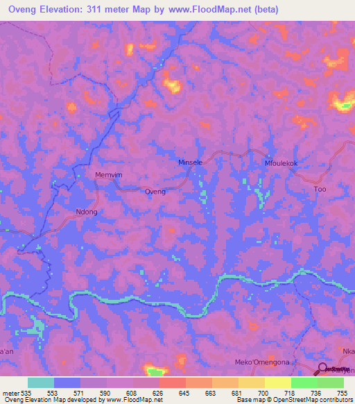 Oveng,Cameroon Elevation Map