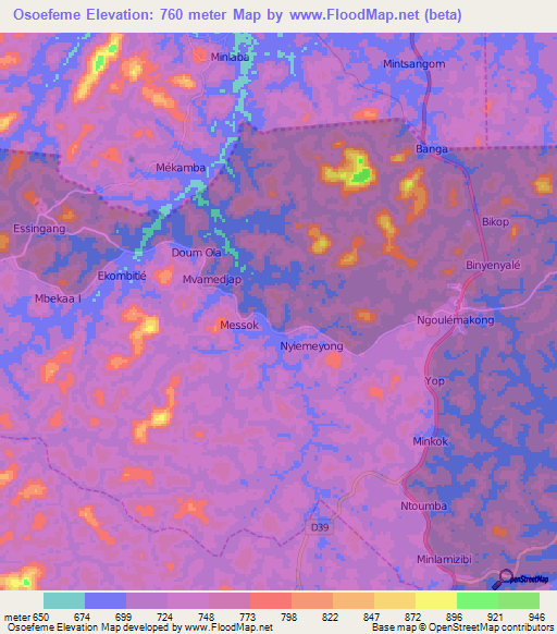 Osoefeme,Cameroon Elevation Map