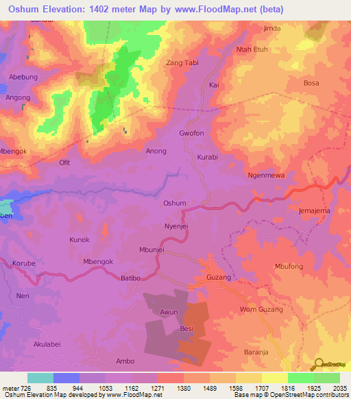 Oshum,Cameroon Elevation Map