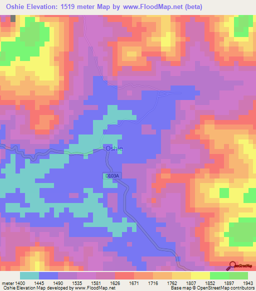 Oshie,Cameroon Elevation Map