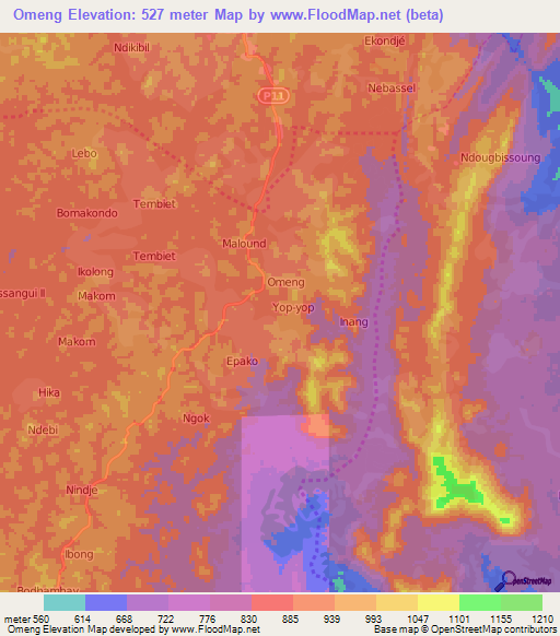 Omeng,Cameroon Elevation Map