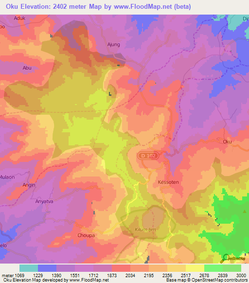 Oku,Cameroon Elevation Map