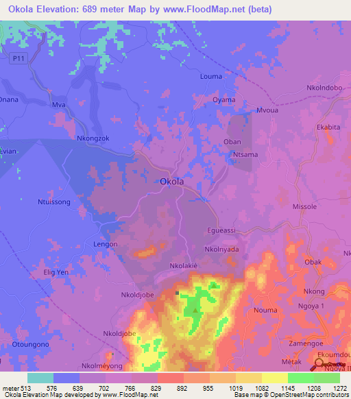 Okola,Cameroon Elevation Map