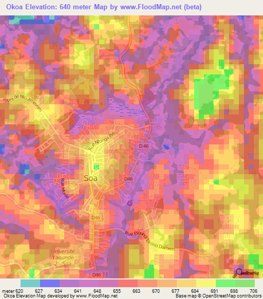 Okoa,Cameroon Elevation Map