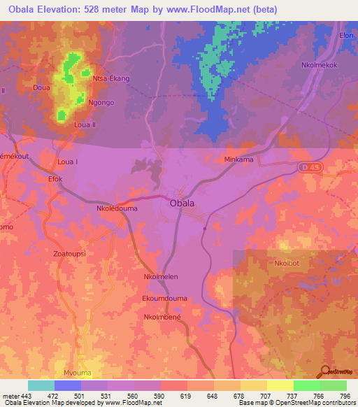 Obala,Cameroon Elevation Map