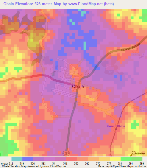 Obala,Cameroon Elevation Map