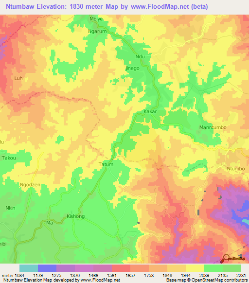 Ntumbaw,Cameroon Elevation Map