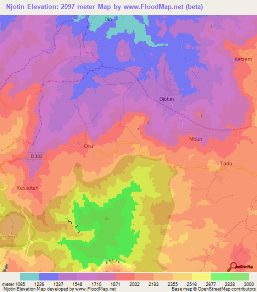 Njotin,Cameroon Elevation Map