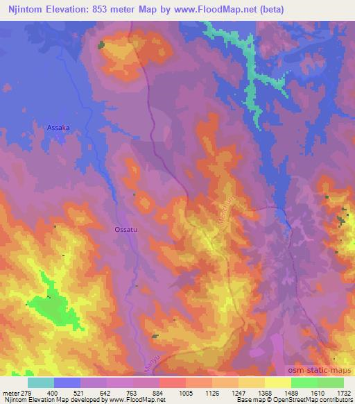 Njintom,Cameroon Elevation Map