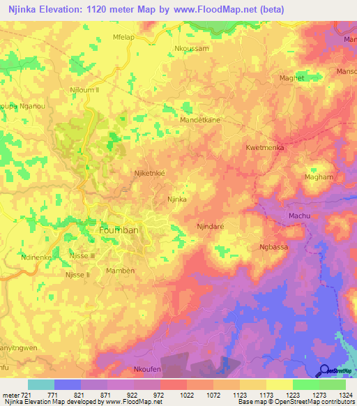 Njinka,Cameroon Elevation Map
