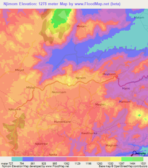 Njimom,Cameroon Elevation Map