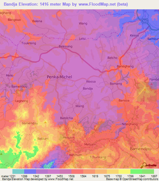 Bandja,Cameroon Elevation Map