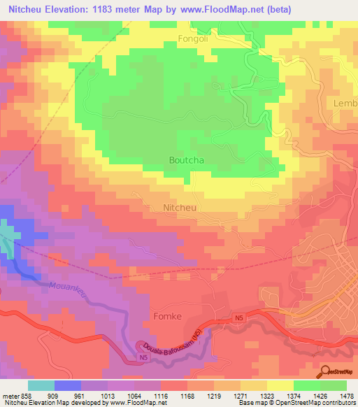 Nitcheu,Cameroon Elevation Map