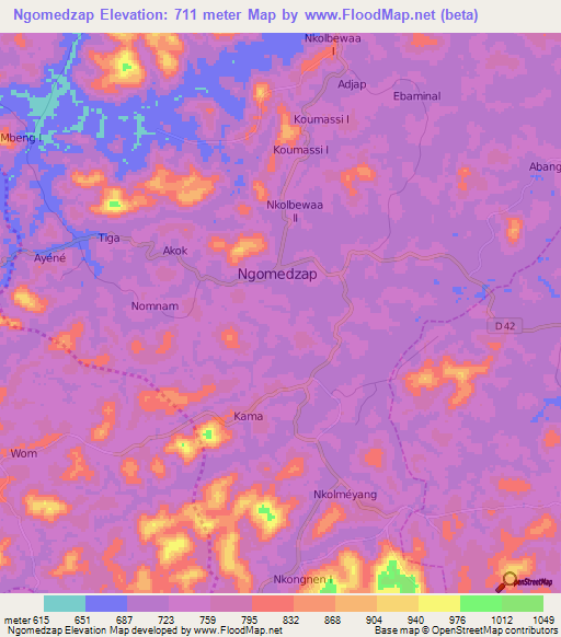 Ngomedzap,Cameroon Elevation Map