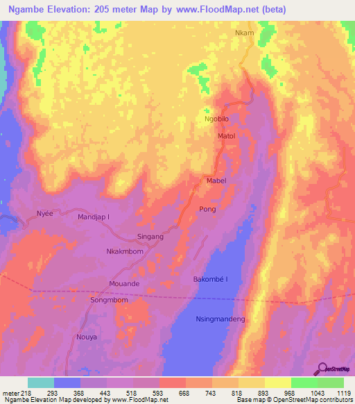 Ngambe,Cameroon Elevation Map