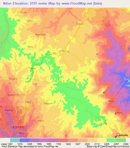 Ndun,Cameroon Elevation Map