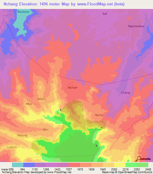 Nchang,Cameroon Elevation Map