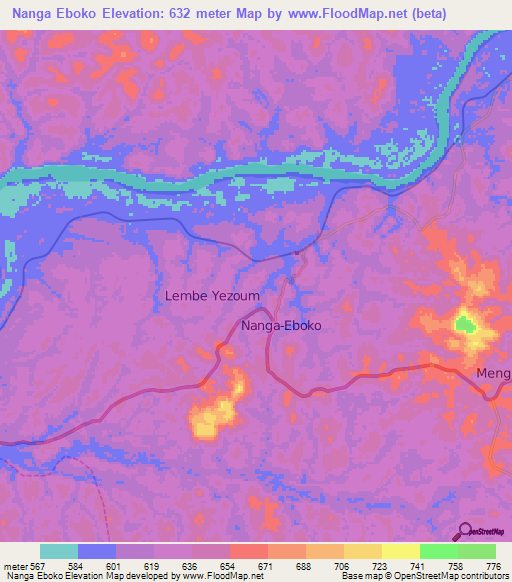 Nanga Eboko,Cameroon Elevation Map