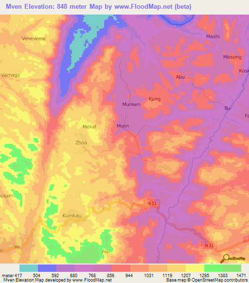 Mven,Cameroon Elevation Map