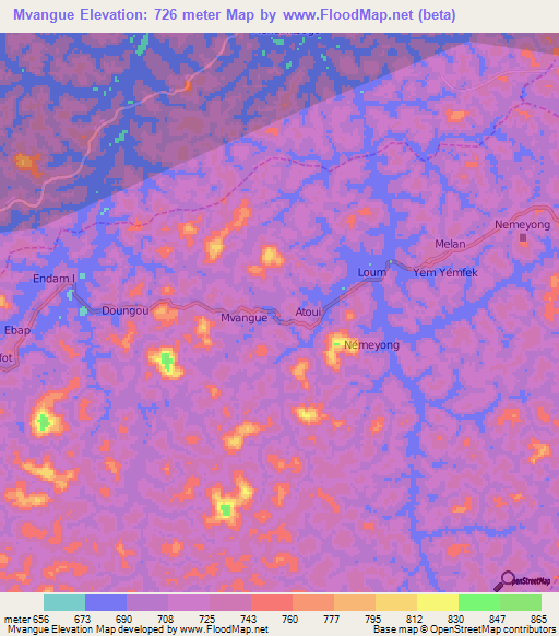 Mvangue,Cameroon Elevation Map