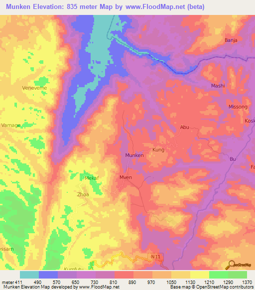 Munken,Cameroon Elevation Map