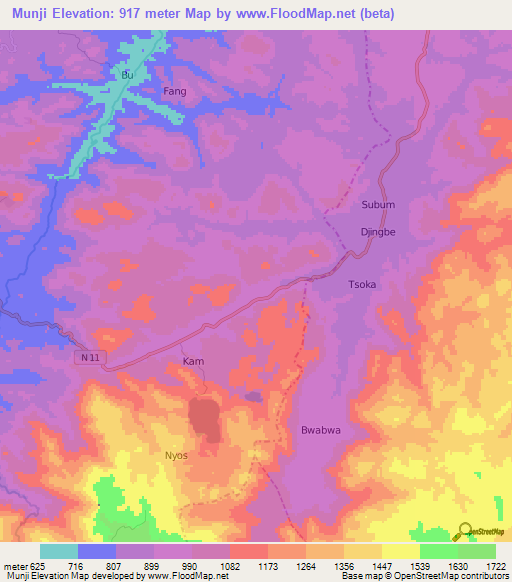 Munji,Cameroon Elevation Map