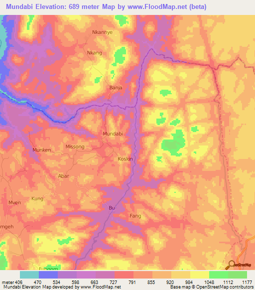 Mundabi,Cameroon Elevation Map