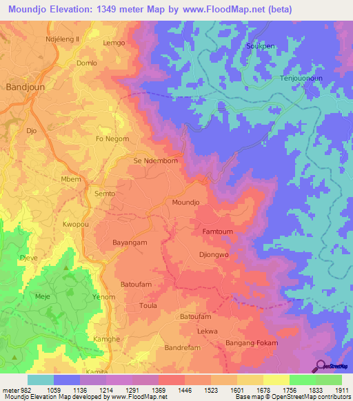 Moundjo,Cameroon Elevation Map