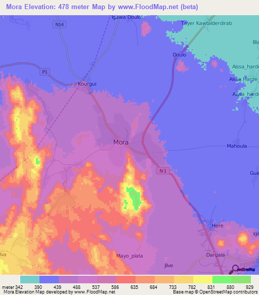 Mora,Cameroon Elevation Map