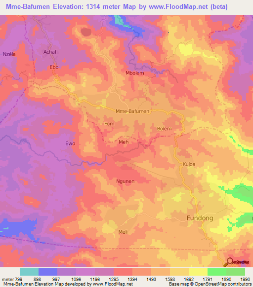 Mme-Bafumen,Cameroon Elevation Map