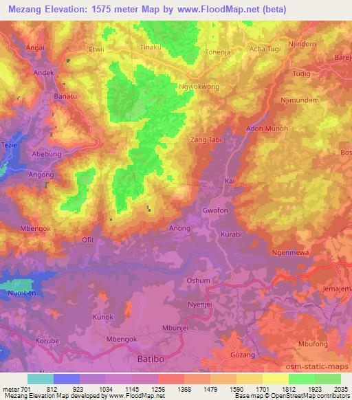 Mezang,Cameroon Elevation Map