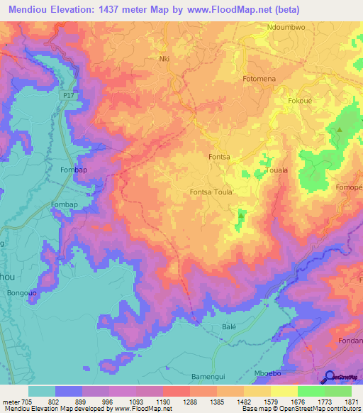 Mendiou,Cameroon Elevation Map