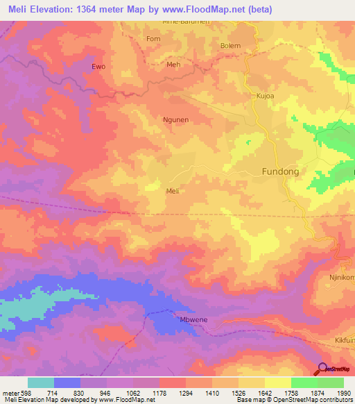 Meli,Cameroon Elevation Map