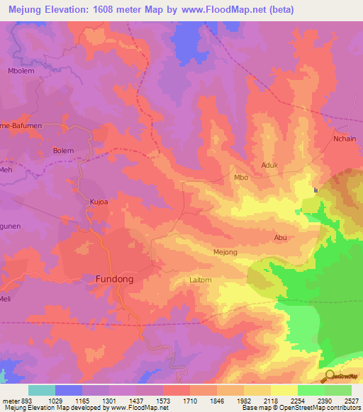 Mejung,Cameroon Elevation Map