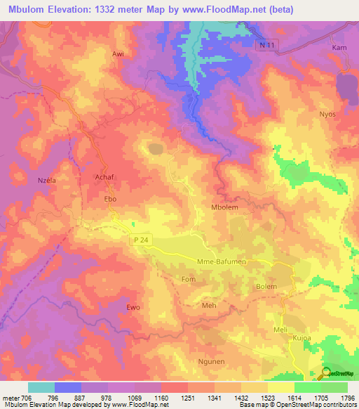 Mbulom,Cameroon Elevation Map