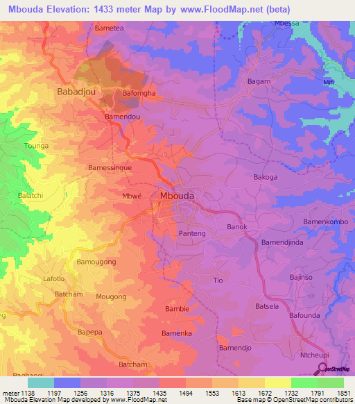 Mbouda,Cameroon Elevation Map