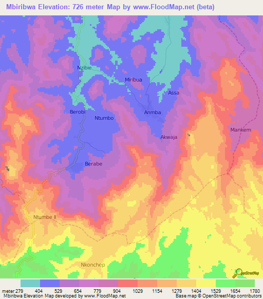 Mbiribwa,Cameroon Elevation Map