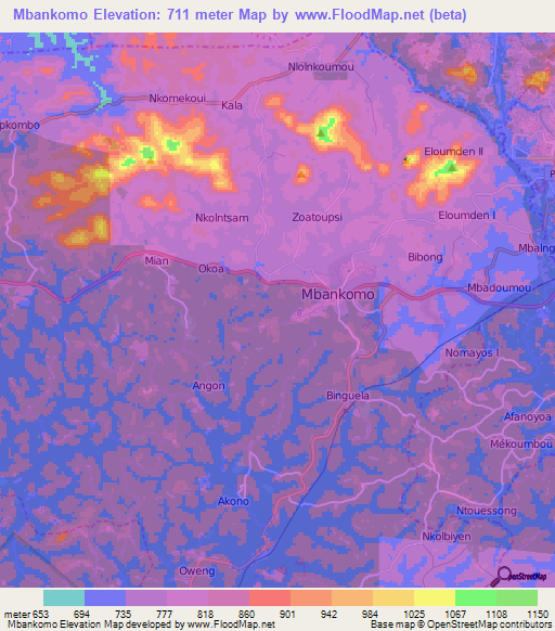 Mbankomo,Cameroon Elevation Map