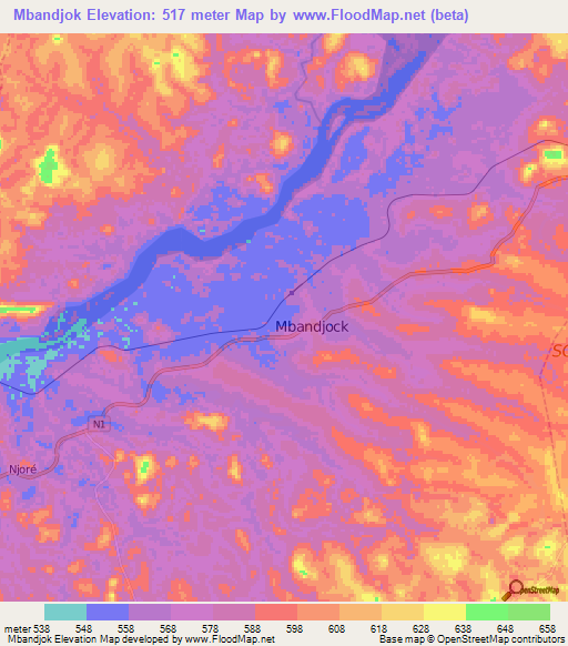 Mbandjok,Cameroon Elevation Map