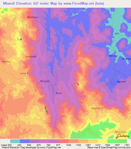 Mbandi,Cameroon Elevation Map