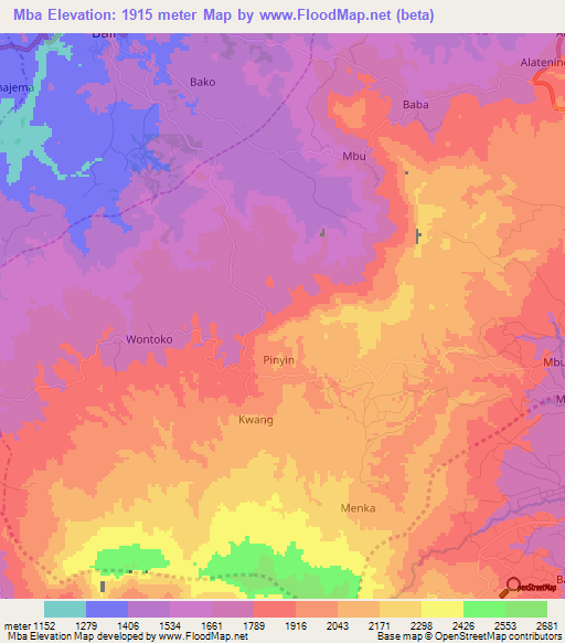 Mba,Cameroon Elevation Map