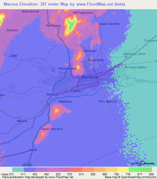 Maroua,Cameroon Elevation Map