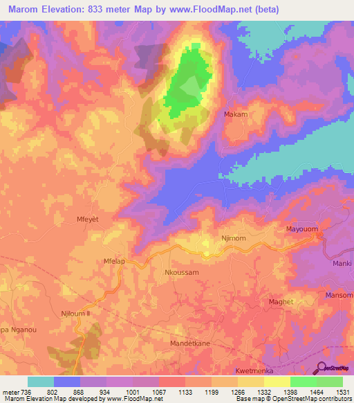 Marom,Cameroon Elevation Map