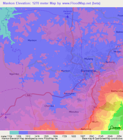 Mankon,Cameroon Elevation Map